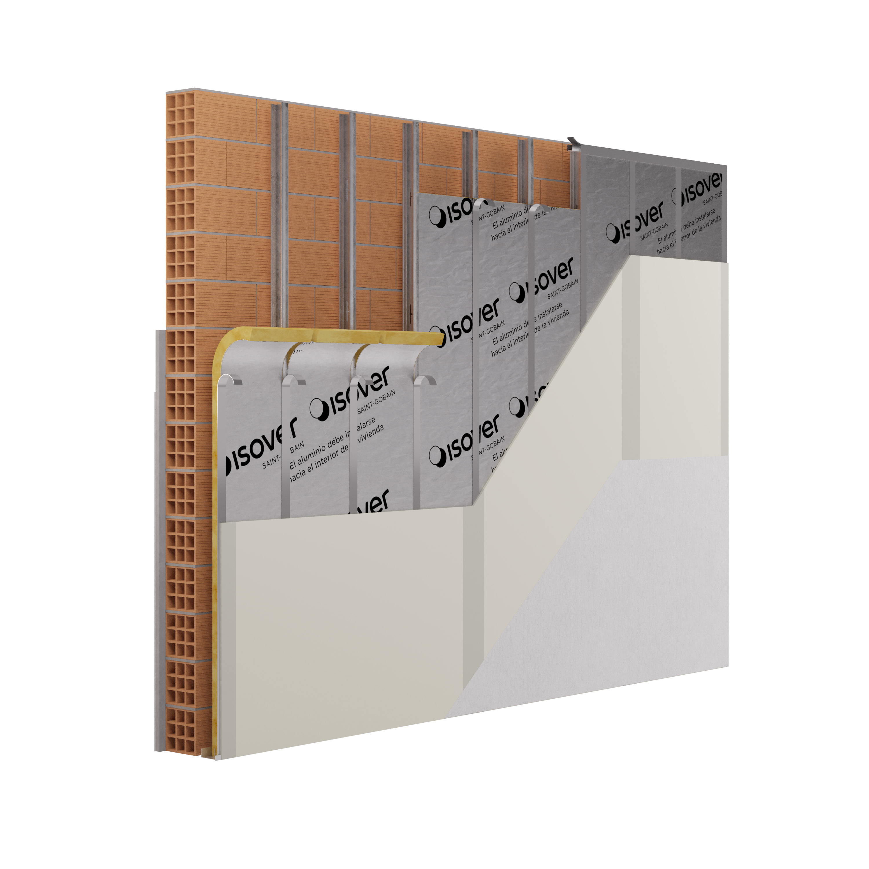 Solución Saint-Gobain | Aislamiento termoacústico en cara interior con estructura drywall placa y lana de vidrio + terminación