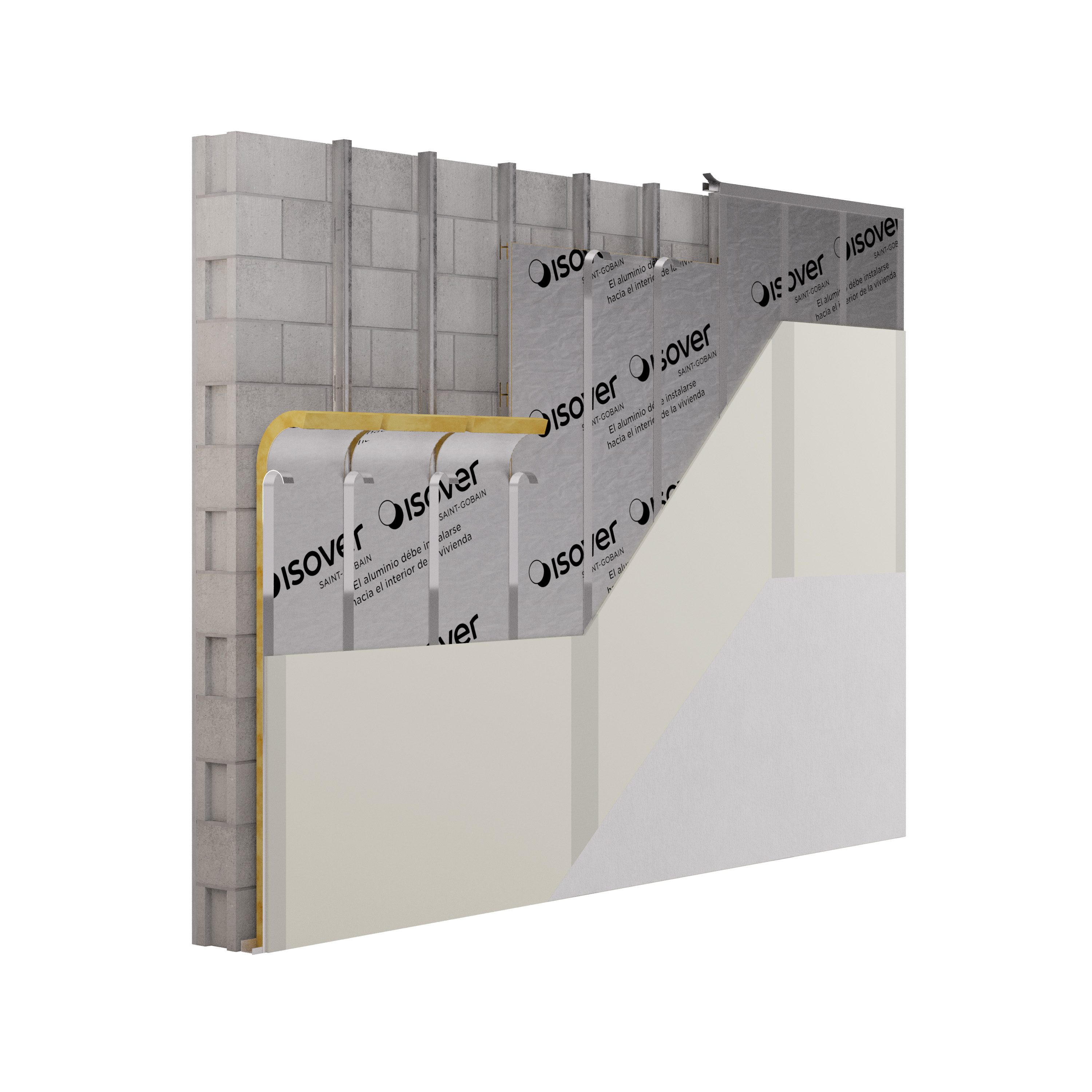 Solución Saint-Gobain | Aislamiento termoacústico en cara interior con estructura drywall placa y lana de vidrio + terminación