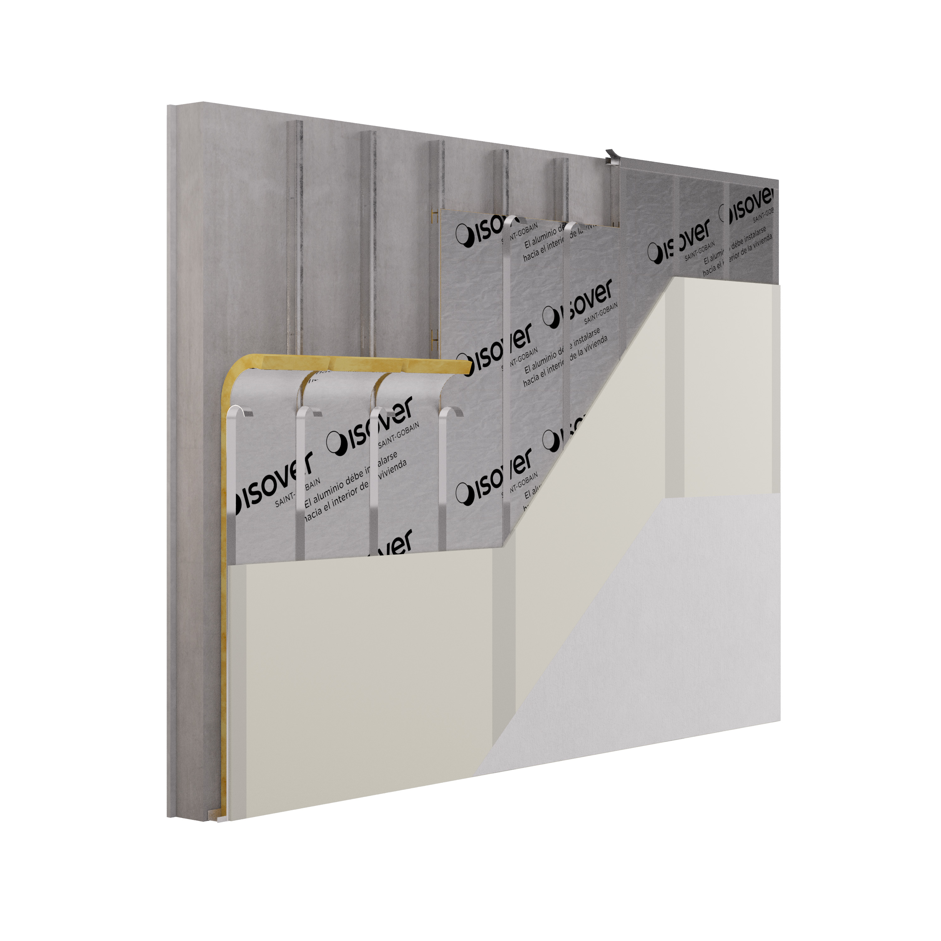 Solución Saint-Gobain | Aislamiento termoacústico en cara interior con estructura drywall placa y lana de vidrio + terminación