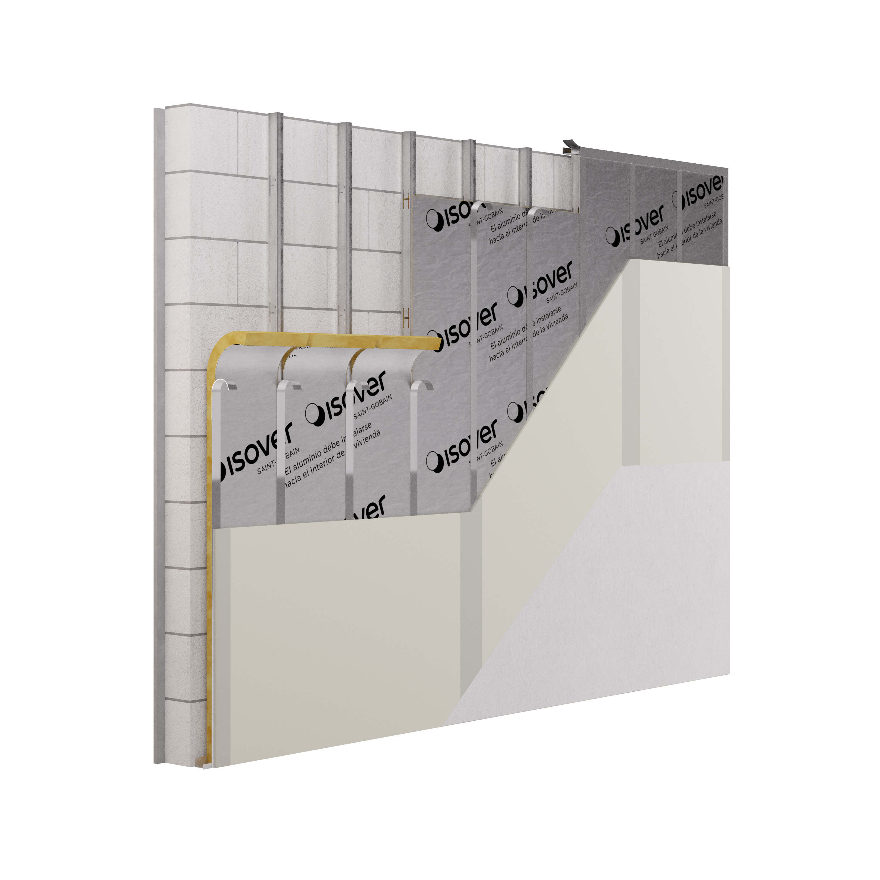 Solución Saint-Gobain | Aislamiento termoacústico en cara interior con estructura drywall placa y lana de vidrio + terminación